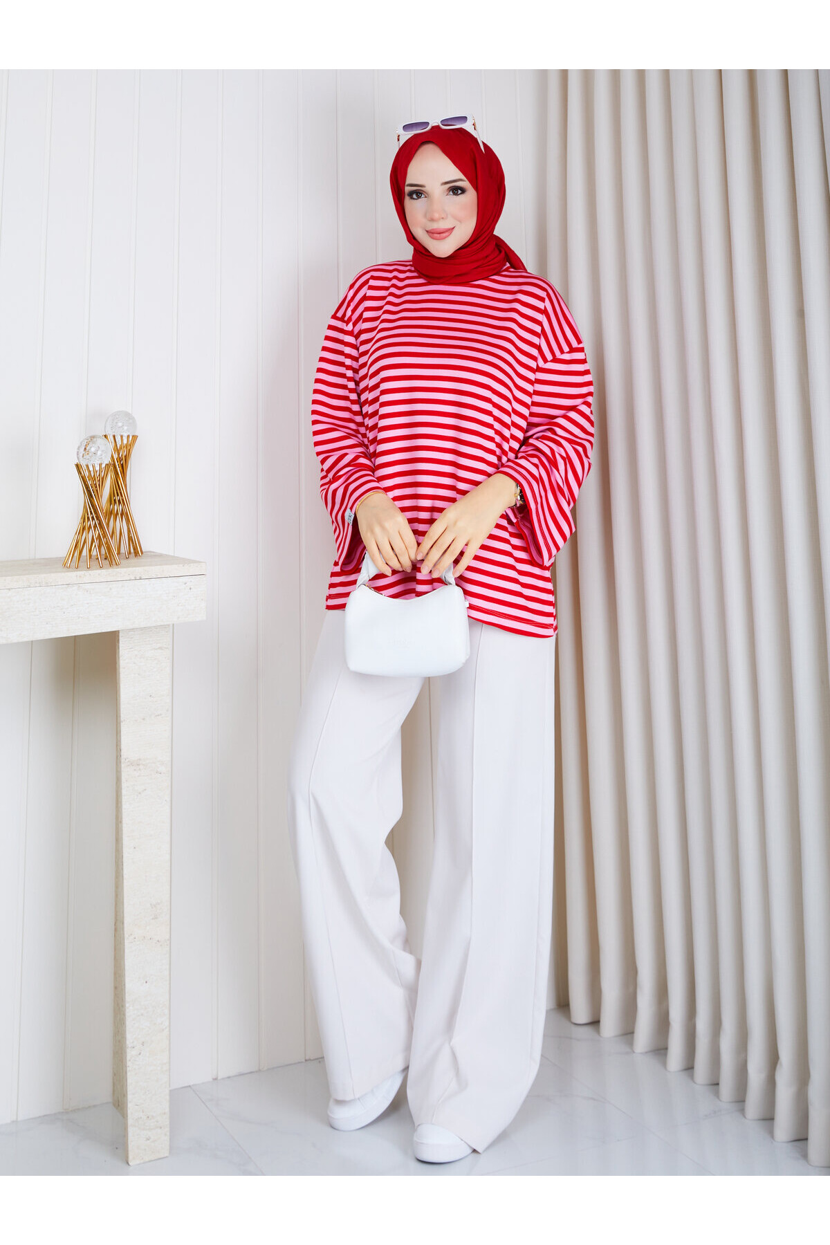 6001 Pembe kırmızı  Oversize Oysho Kumaş Bluz