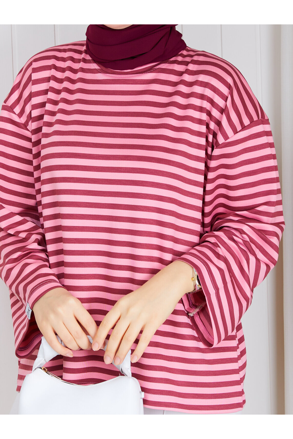 6006 Bordo Pembe Çizgili Oversize Oysho Kumaş Bluz