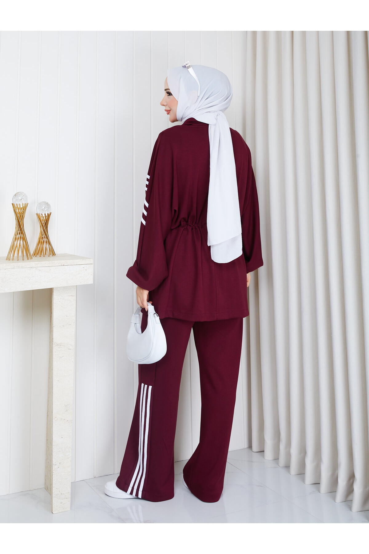886-Fermuarlı Şeritli Takım-Bordo