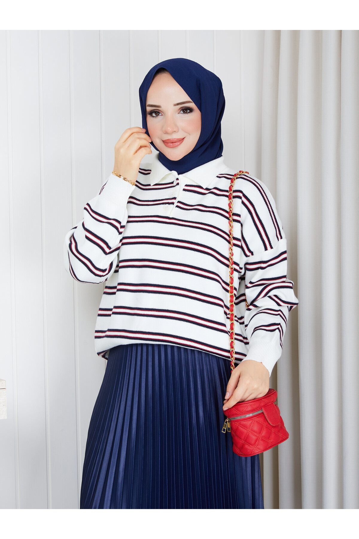 9243-Çizgili Polo Yaka Kazak-Beyaz