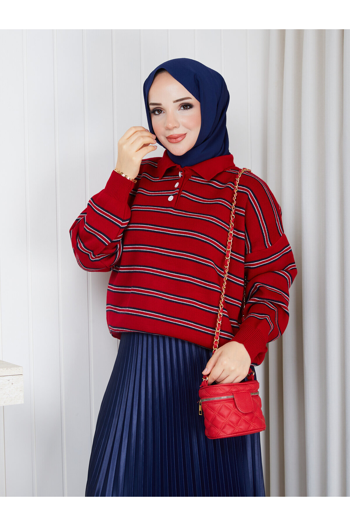 9244-Çizgili Polo Yaka Kazak-Kırmızı