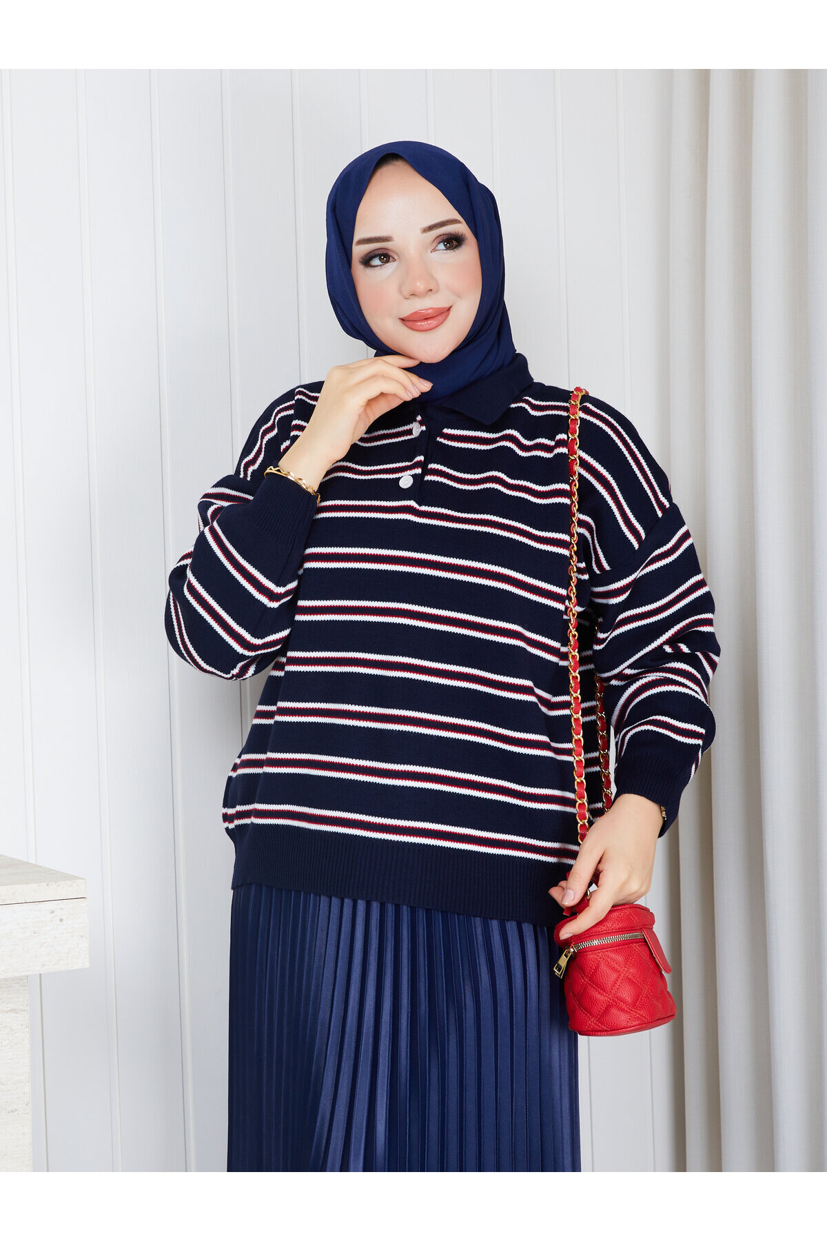 9245-Çizgili Polo Yaka Kazak-Lacivert
