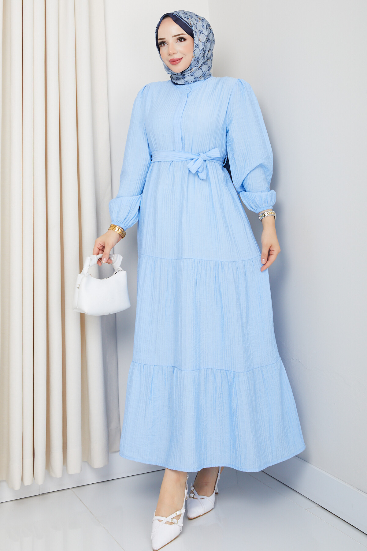 ADELYA HAKİM YAKA KATLI ELBİSE-BEBE MAVİ