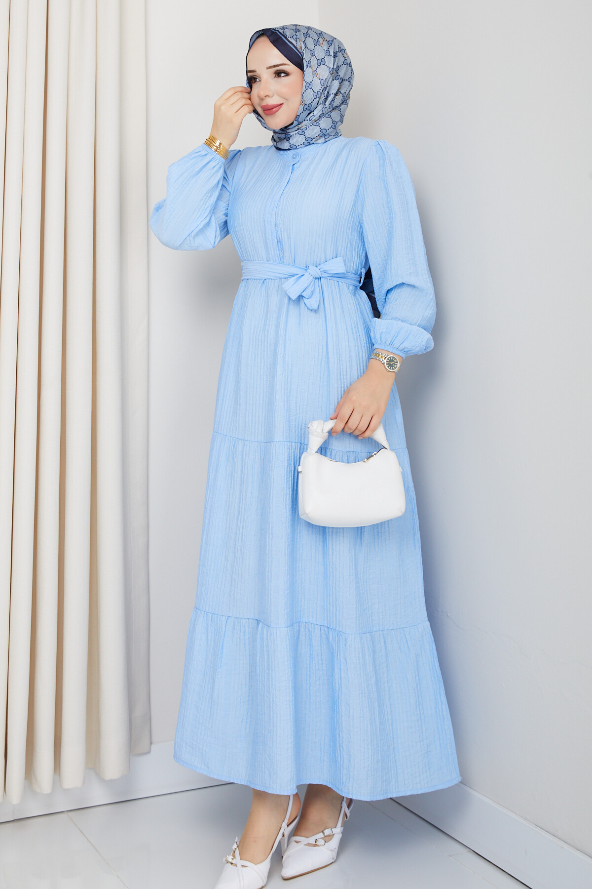 ADELYA HAKİM YAKA KATLI ELBİSE-BEBE MAVİ