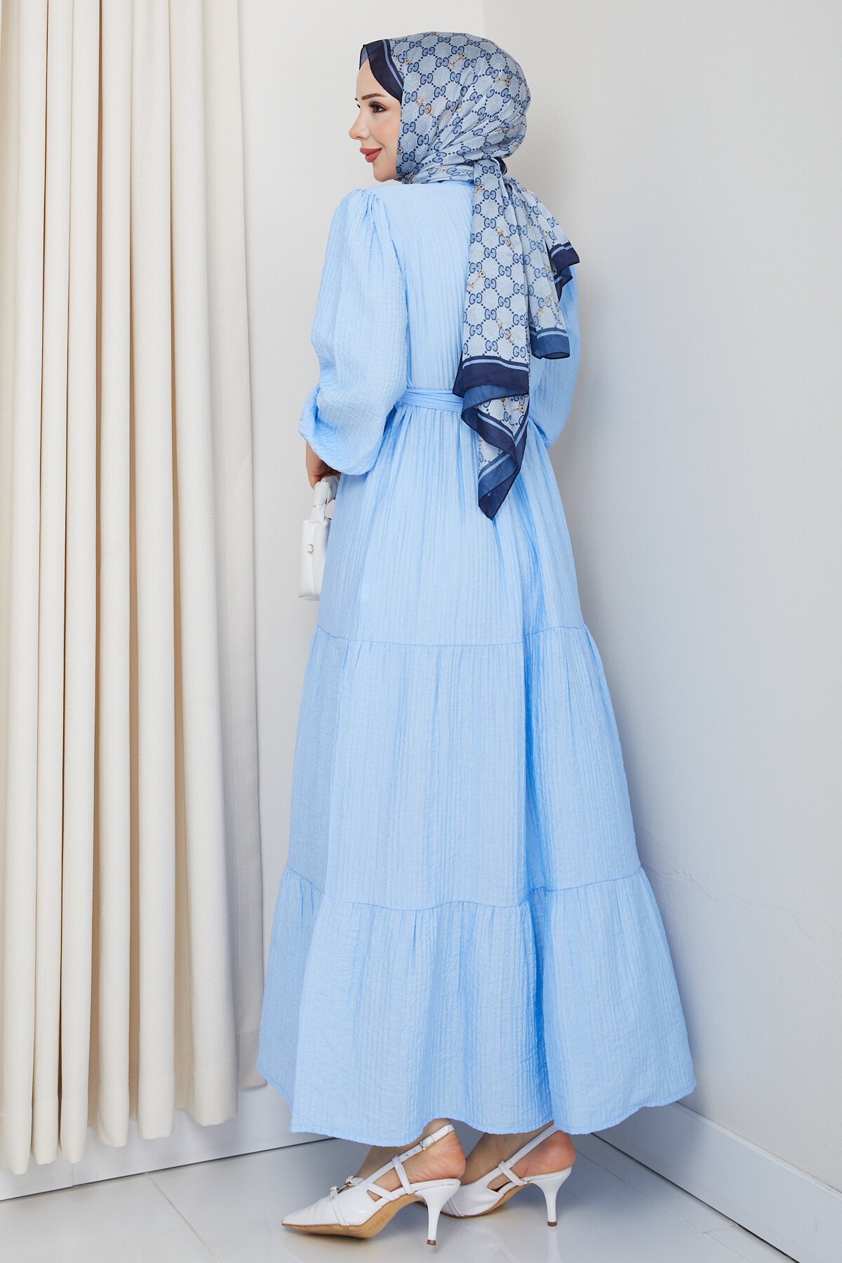 ADELYA HAKİM YAKA KATLI ELBİSE-BEBE MAVİ