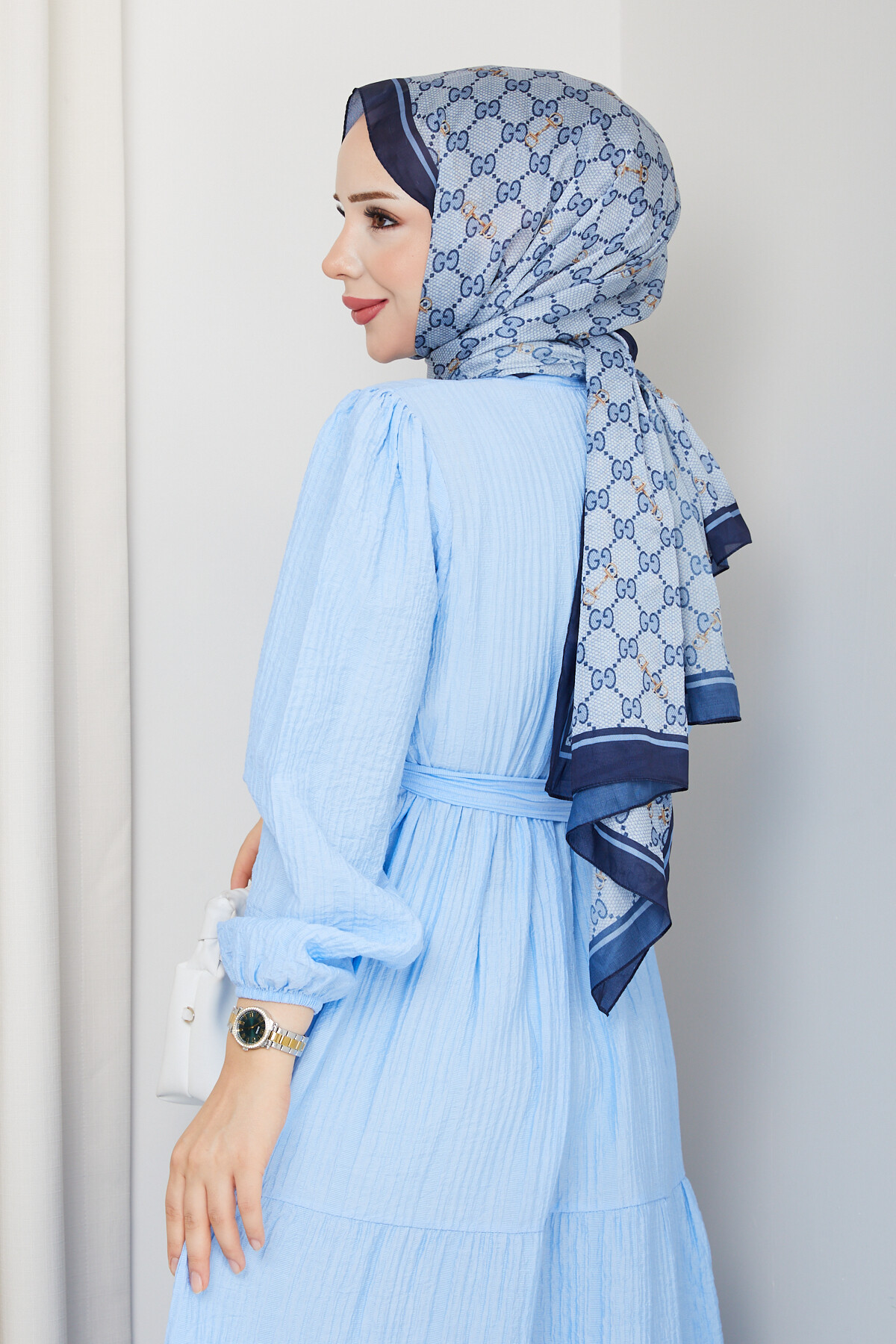 ADELYA HAKİM YAKA KATLI ELBİSE-BEBE MAVİ