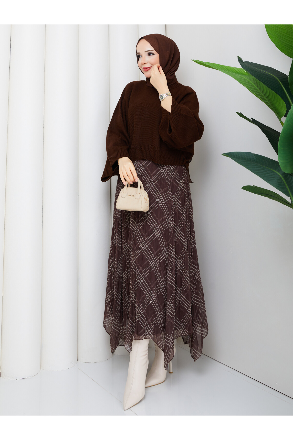 ASİMETRİK ETEK CROP KAZAK KOMBİN - ACI KAHVE