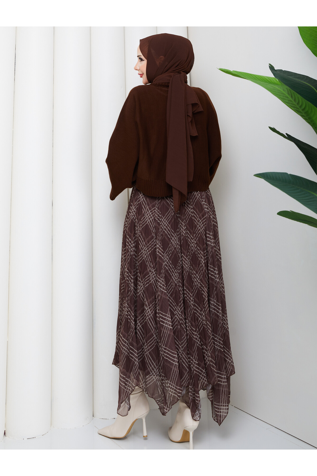 ASİMETRİK ETEK CROP KAZAK KOMBİN - ACI KAHVE