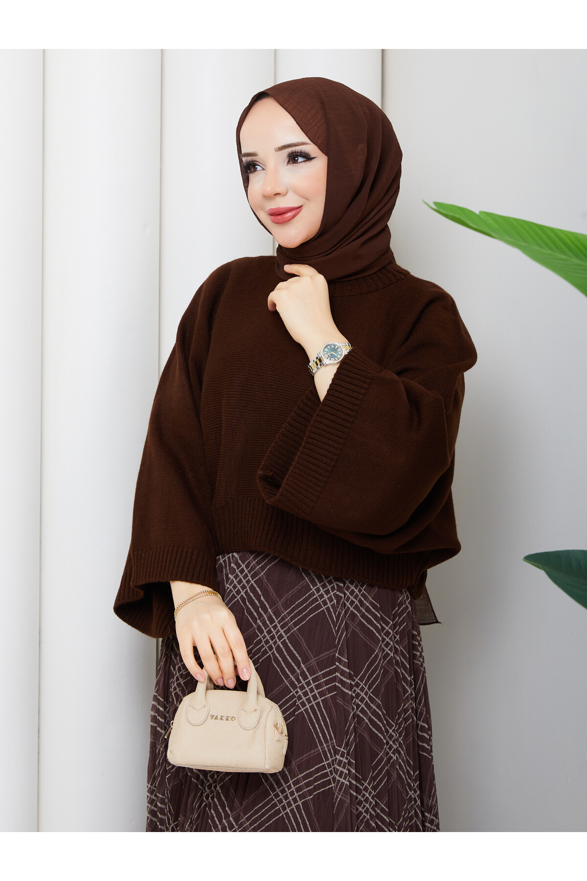 ASİMETRİK ETEK CROP KAZAK KOMBİN - ACI KAHVE