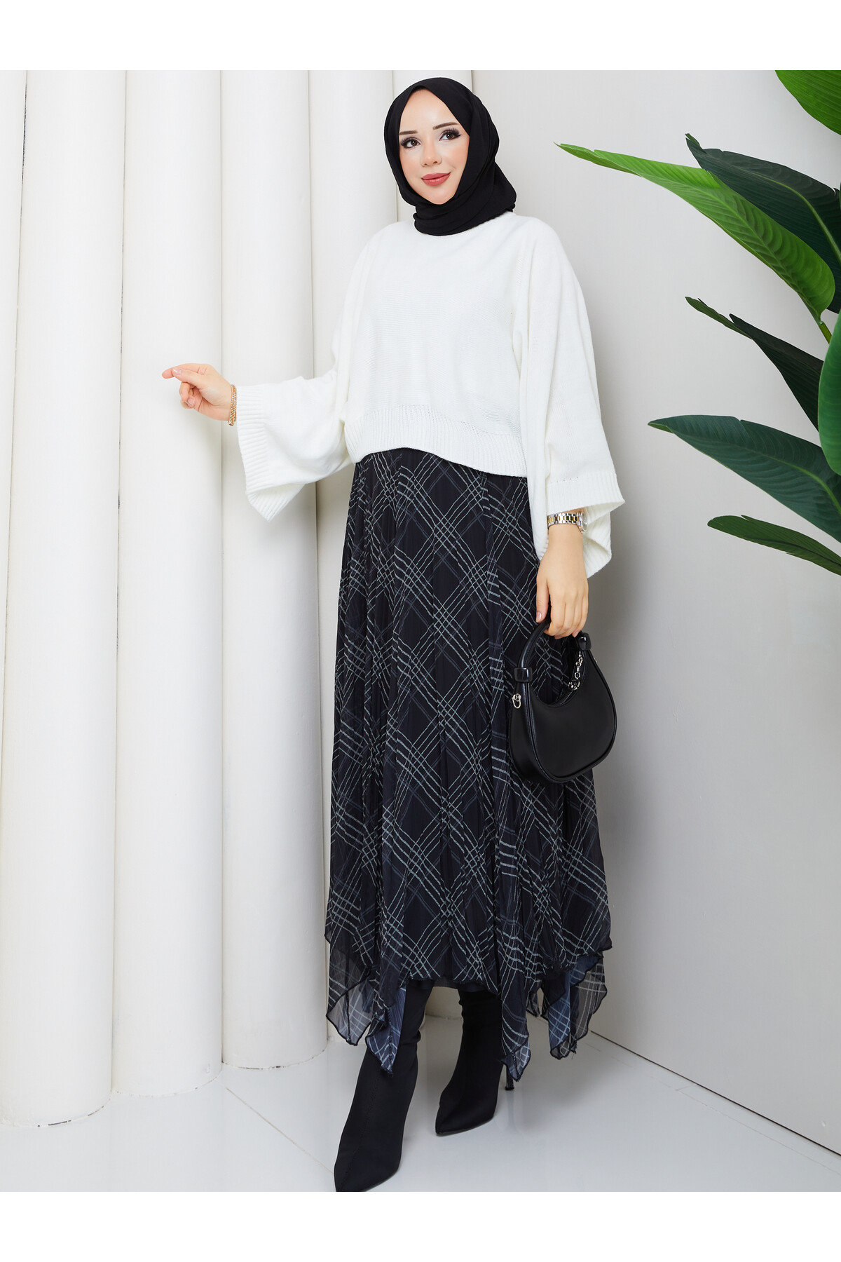 ASİMETRİK ETEK CROP KAZAK KOMBİN - BEYAZ