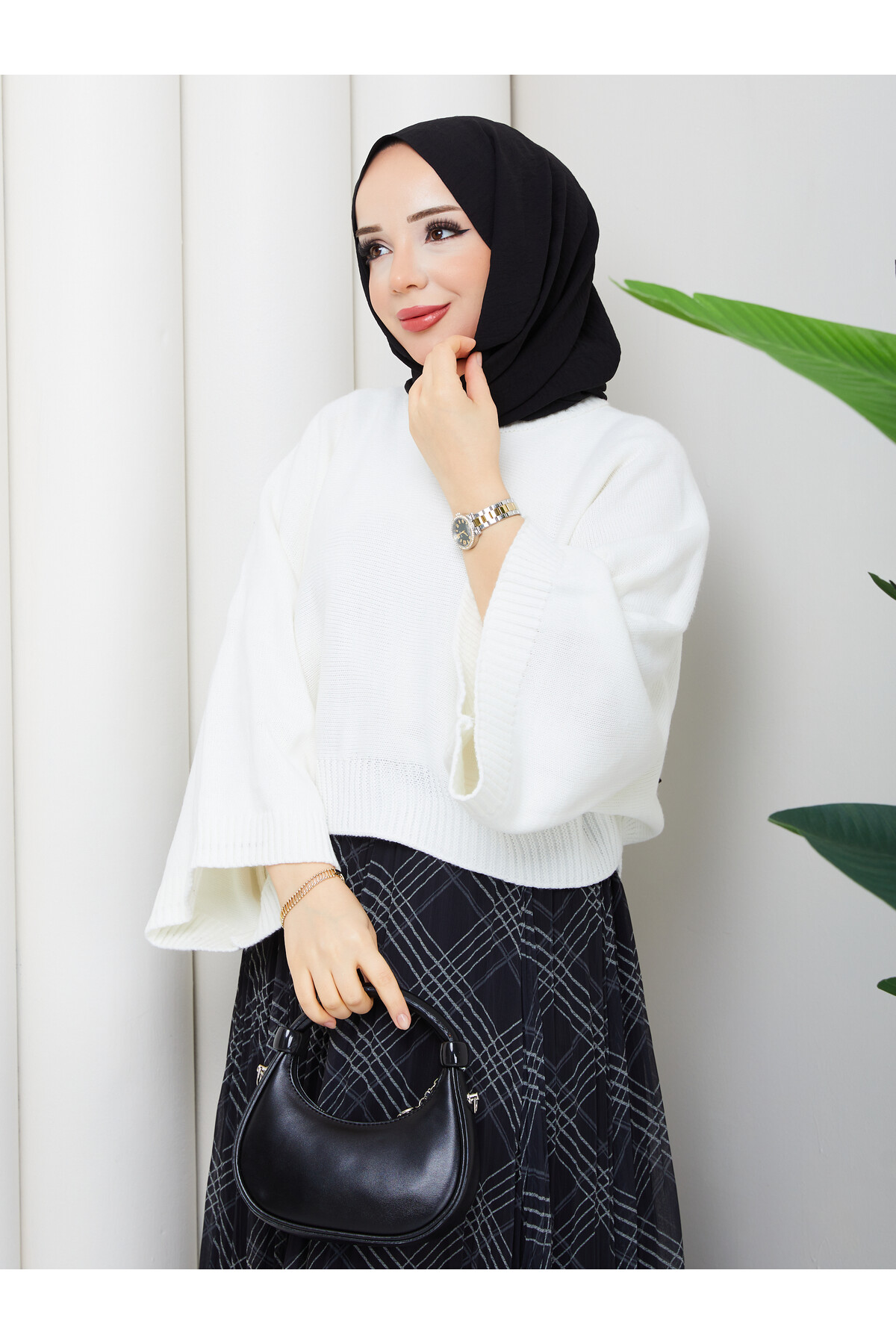 ASİMETRİK ETEK CROP KAZAK KOMBİN - BEYAZ