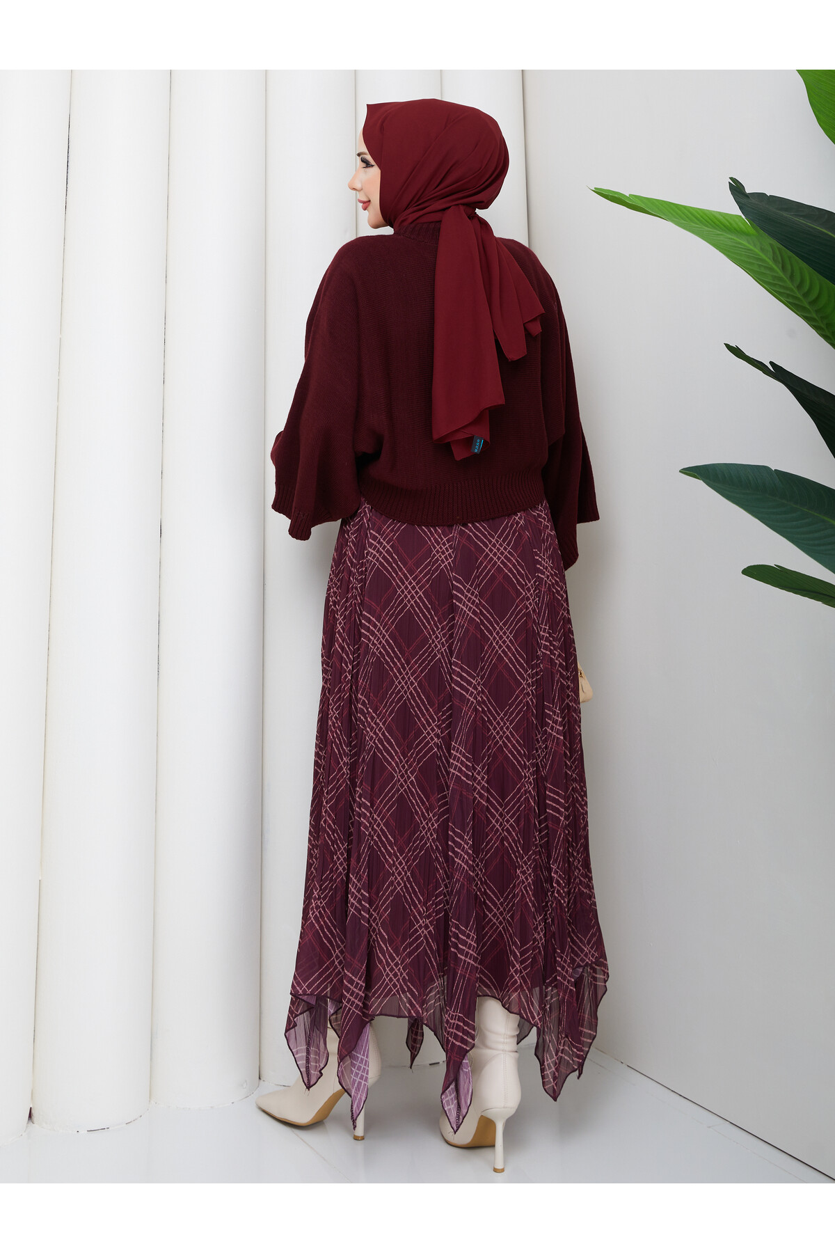 ASİMETRİK ETEK CROP KAZAK KOMBİN - BORDO