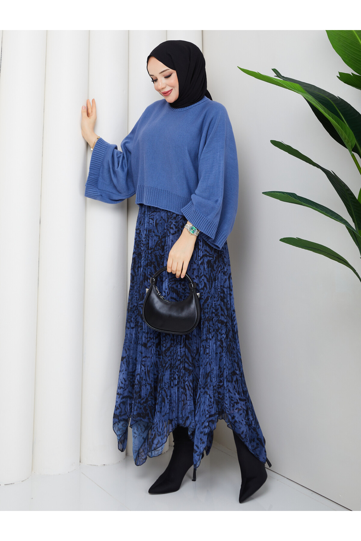 ASİMETRİK ETEK CROP KAZAK KOMBİN - MAVİ