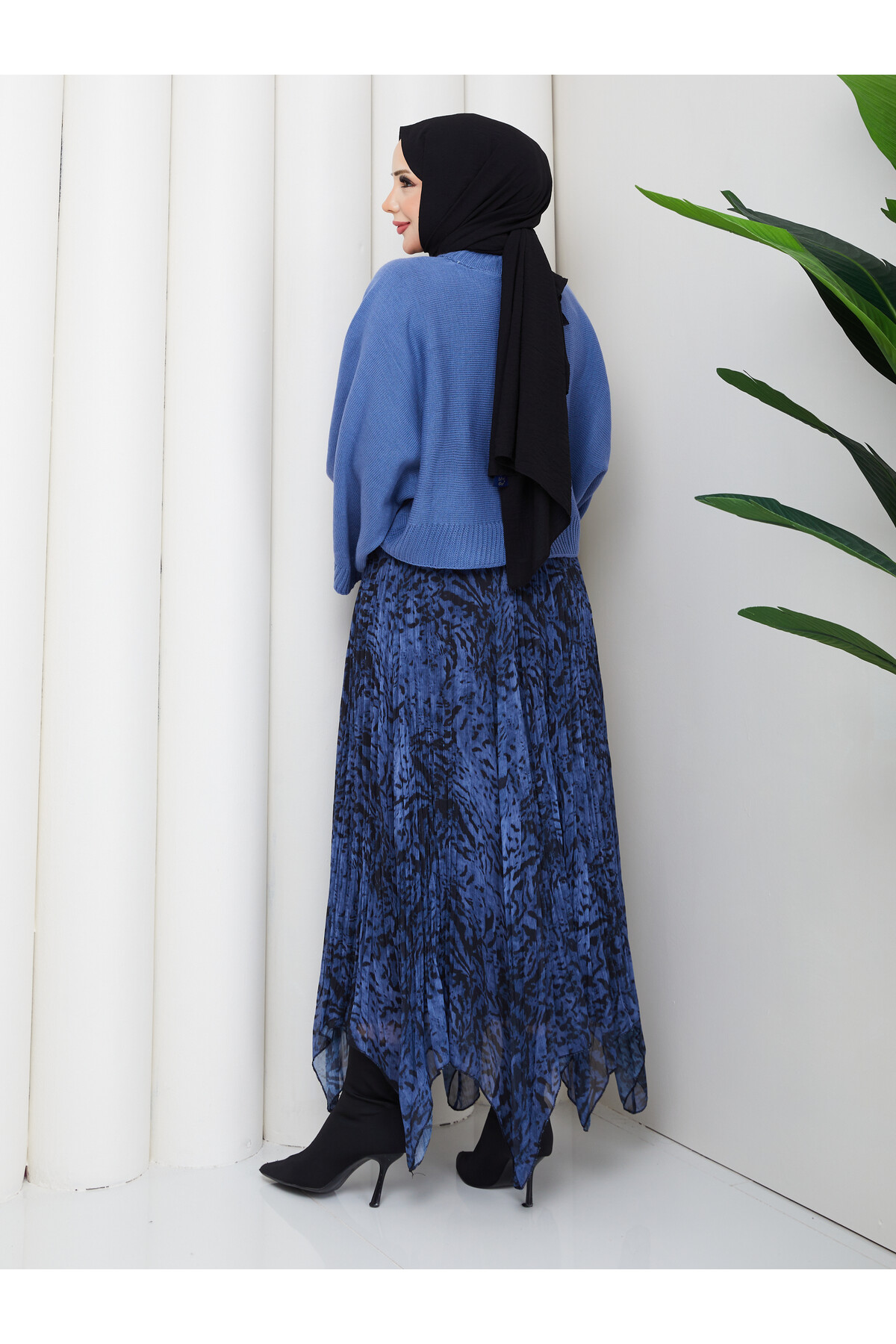 ASİMETRİK ETEK CROP KAZAK KOMBİN - MAVİ