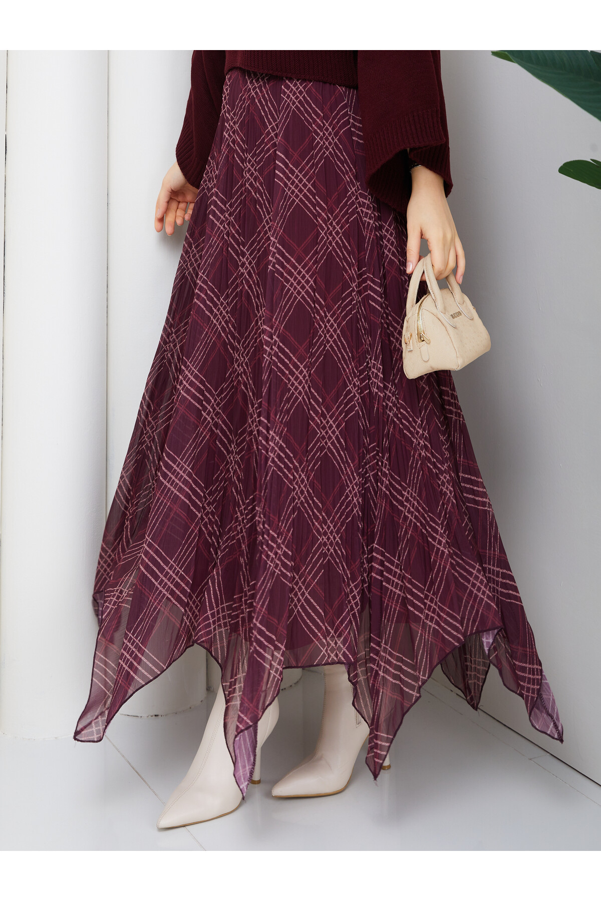 ASİMETRİK ŞİFON ETEK - BORDO