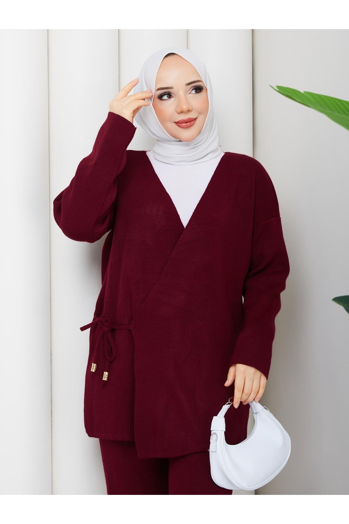 BAĞCIK DETAY TRİKO TAKIM -BORDO