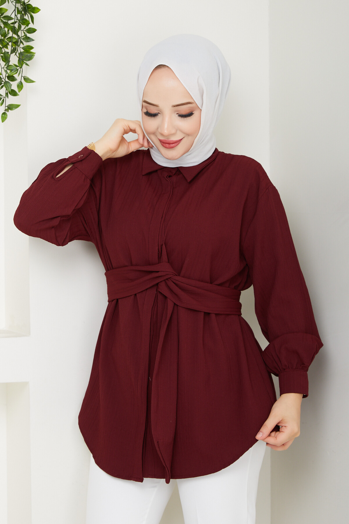 BAĞLAMA DETAYLI GÖMLEK-BORDO