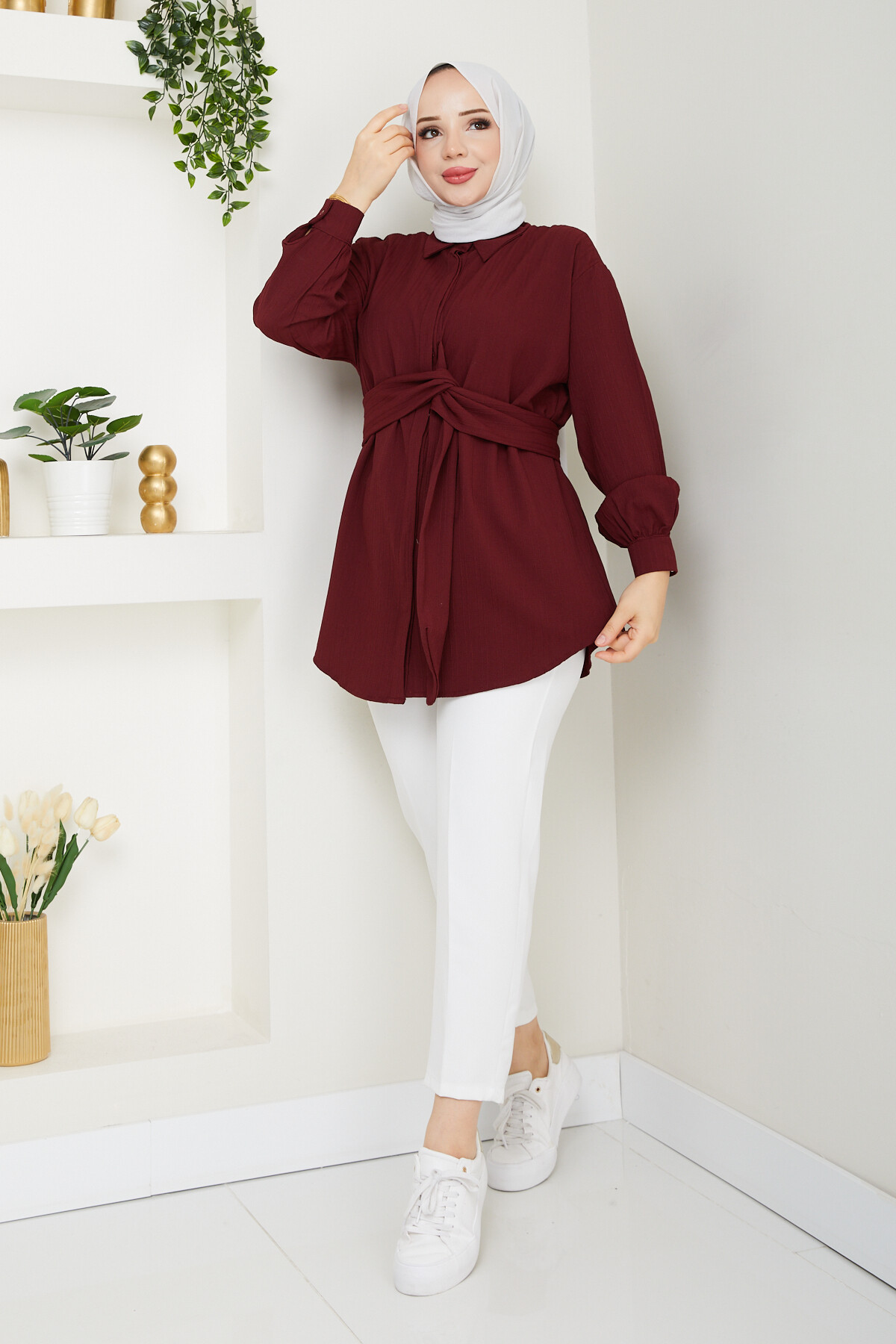 BAĞLAMA DETAYLI GÖMLEK-BORDO
