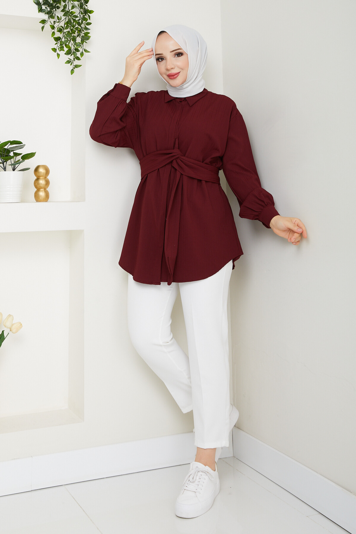 BAĞLAMA DETAYLI GÖMLEK-BORDO