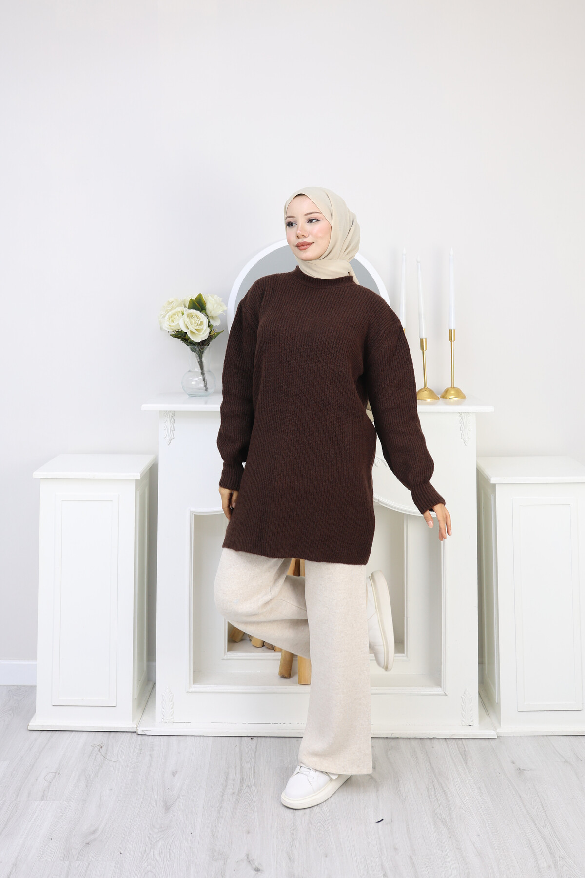 BALON KOL DÜZ KAZAK -ACI KAHVE