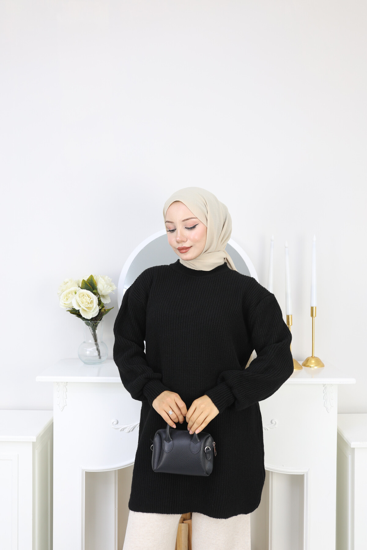 BALON KOL DÜZ KAZAK -SİYAH