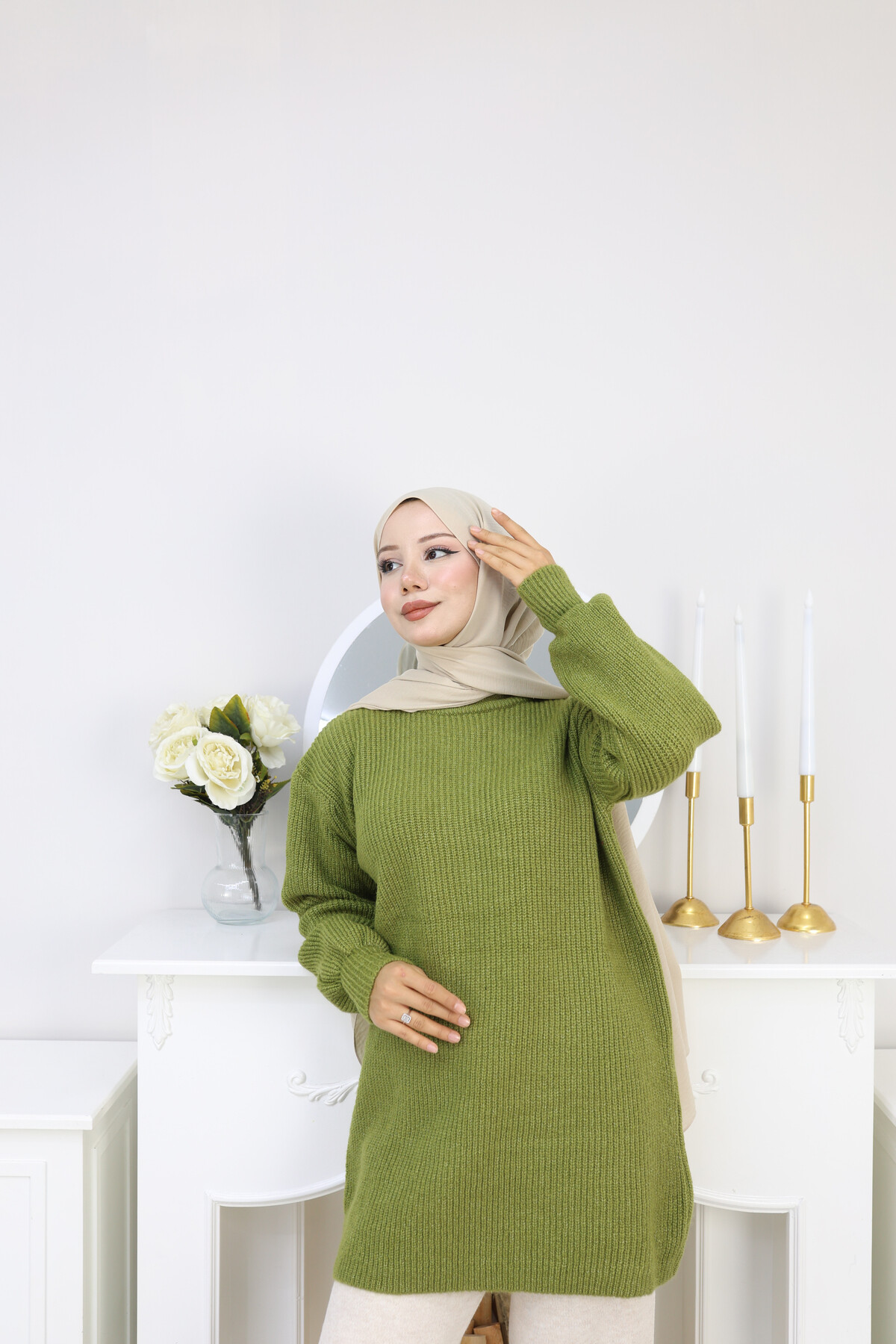 BALON KOL DÜZ KAZAK -YEŞİL