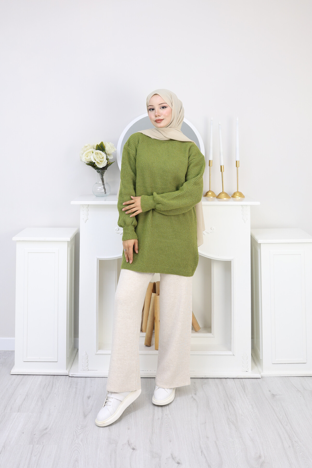 BALON KOL DÜZ KAZAK -YEŞİL