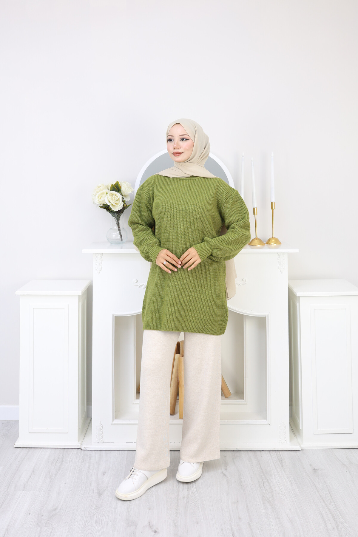 BALON KOL DÜZ KAZAK -YEŞİL