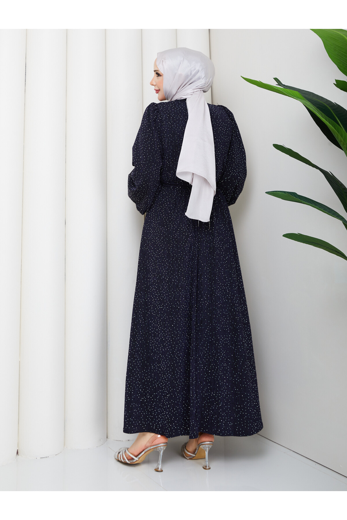 BALONKOL TAŞLI NOBEL ELBİSE - LACİVERT