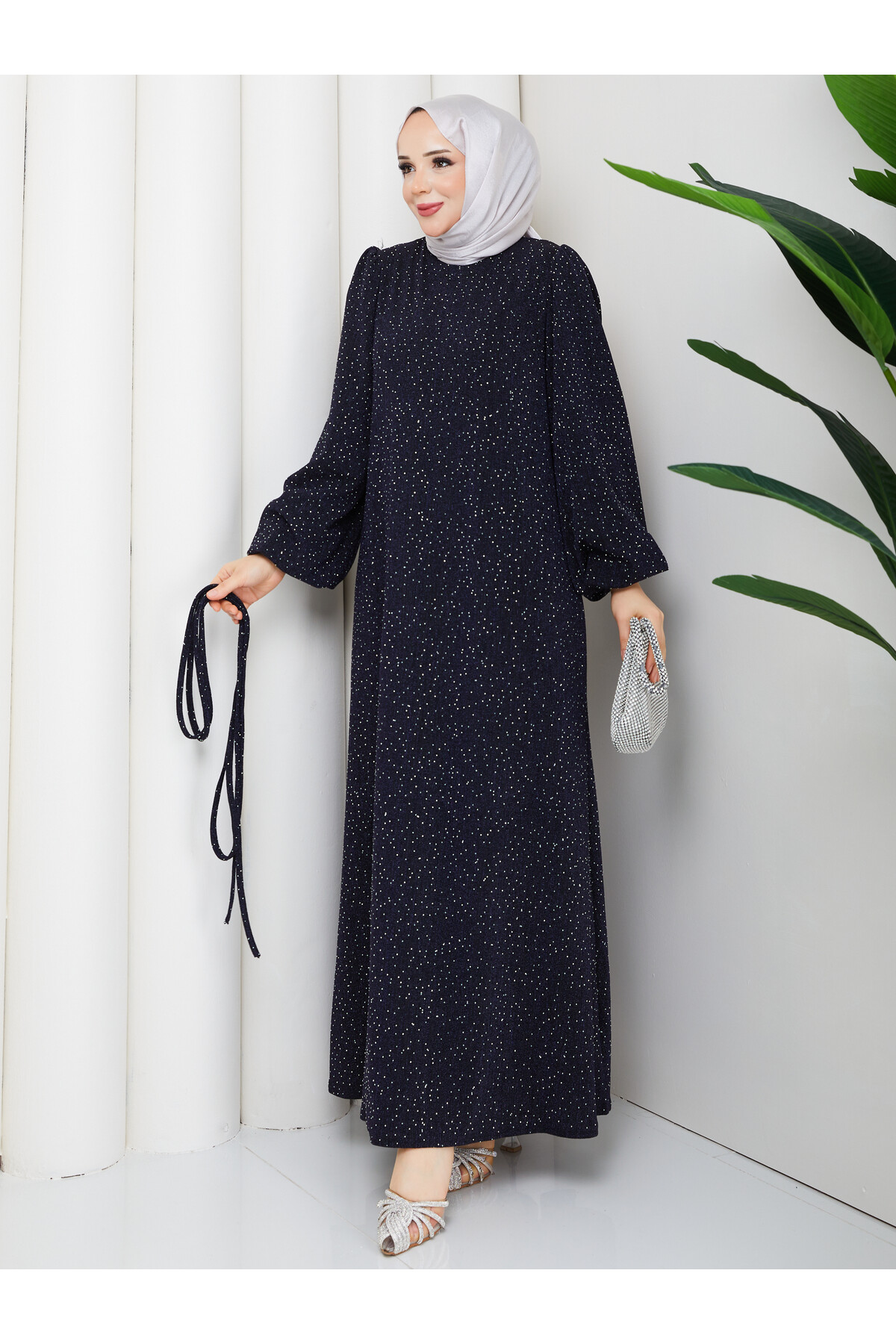 BALONKOL TAŞLI NOBEL ELBİSE - LACİVERT
