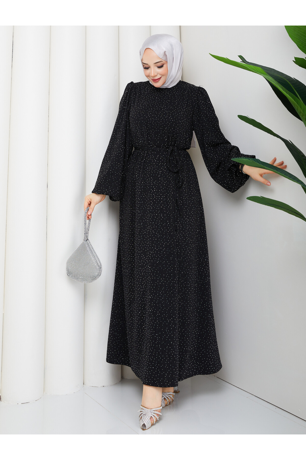 BALONKOL TAŞLI NOBEL ELBİSE - SİYAH