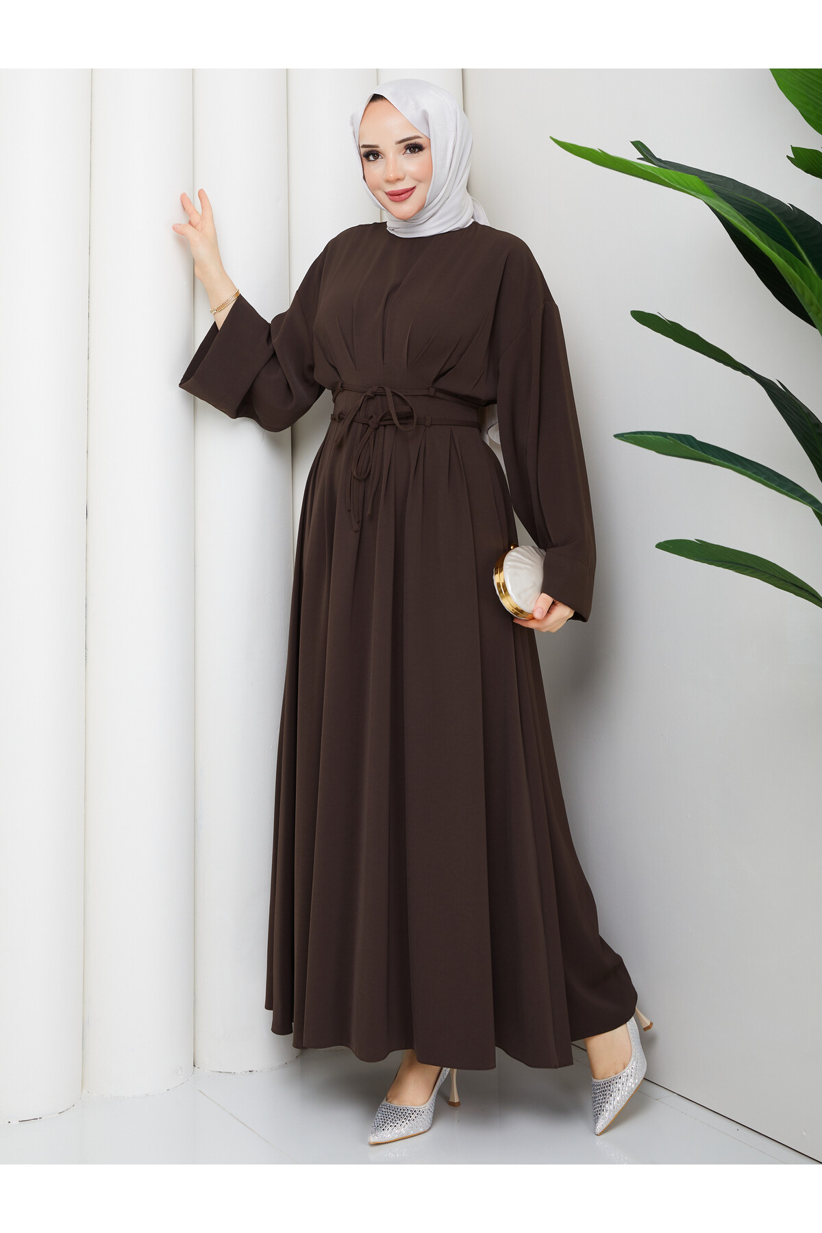 BEL BAĞCIK DETAY ELBİSE - ACI KAHVE