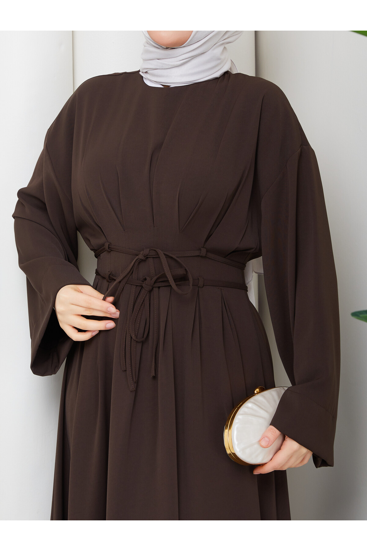 BEL BAĞCIK DETAY ELBİSE - ACI KAHVE