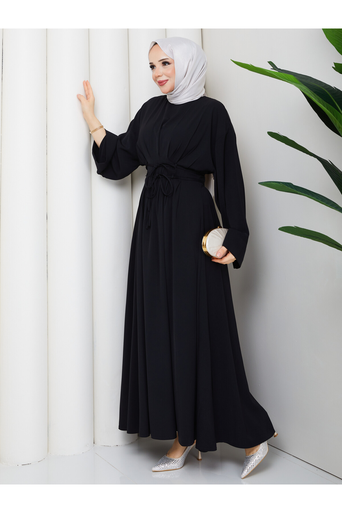 BEL BAĞCIK DETAY ELBİSE - SİYAH