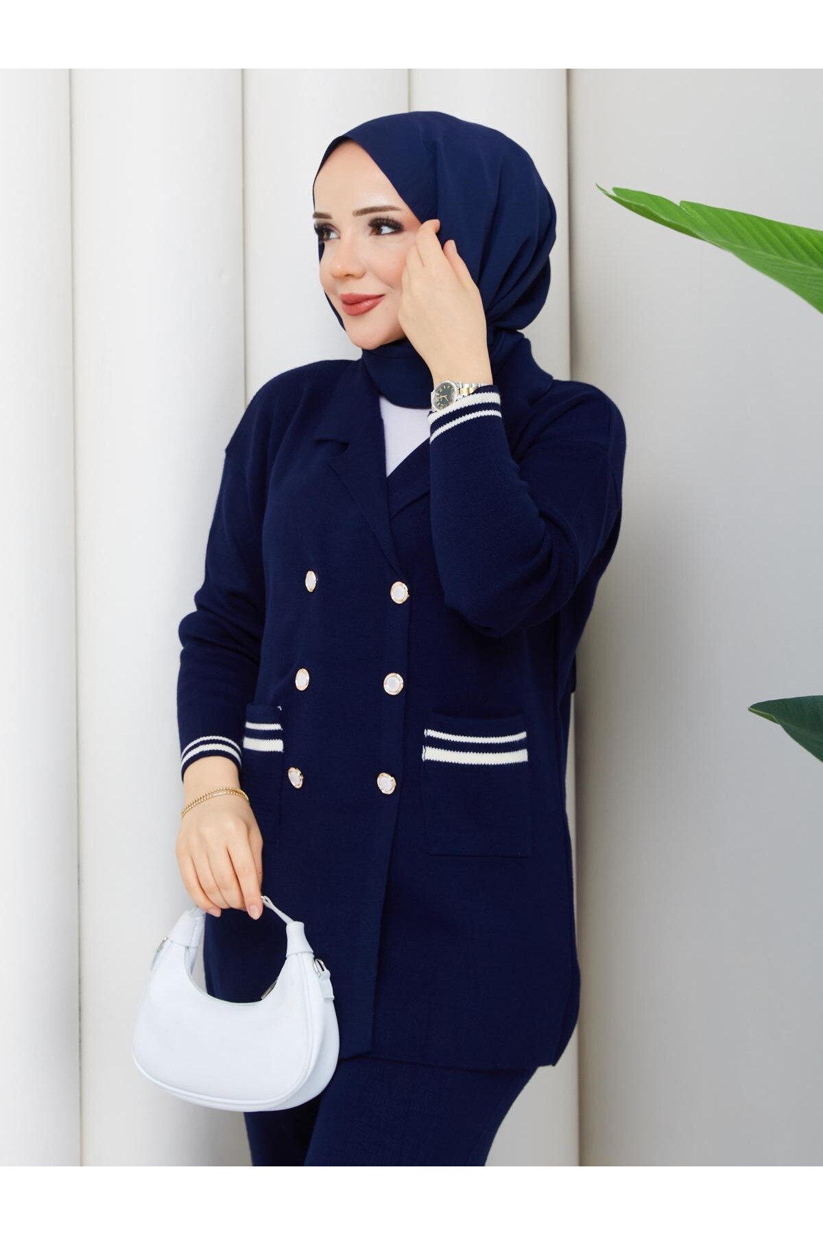 ÇELİK ÖRME DÜĞME DETAY TRİKO TAKIM -LACİVERT