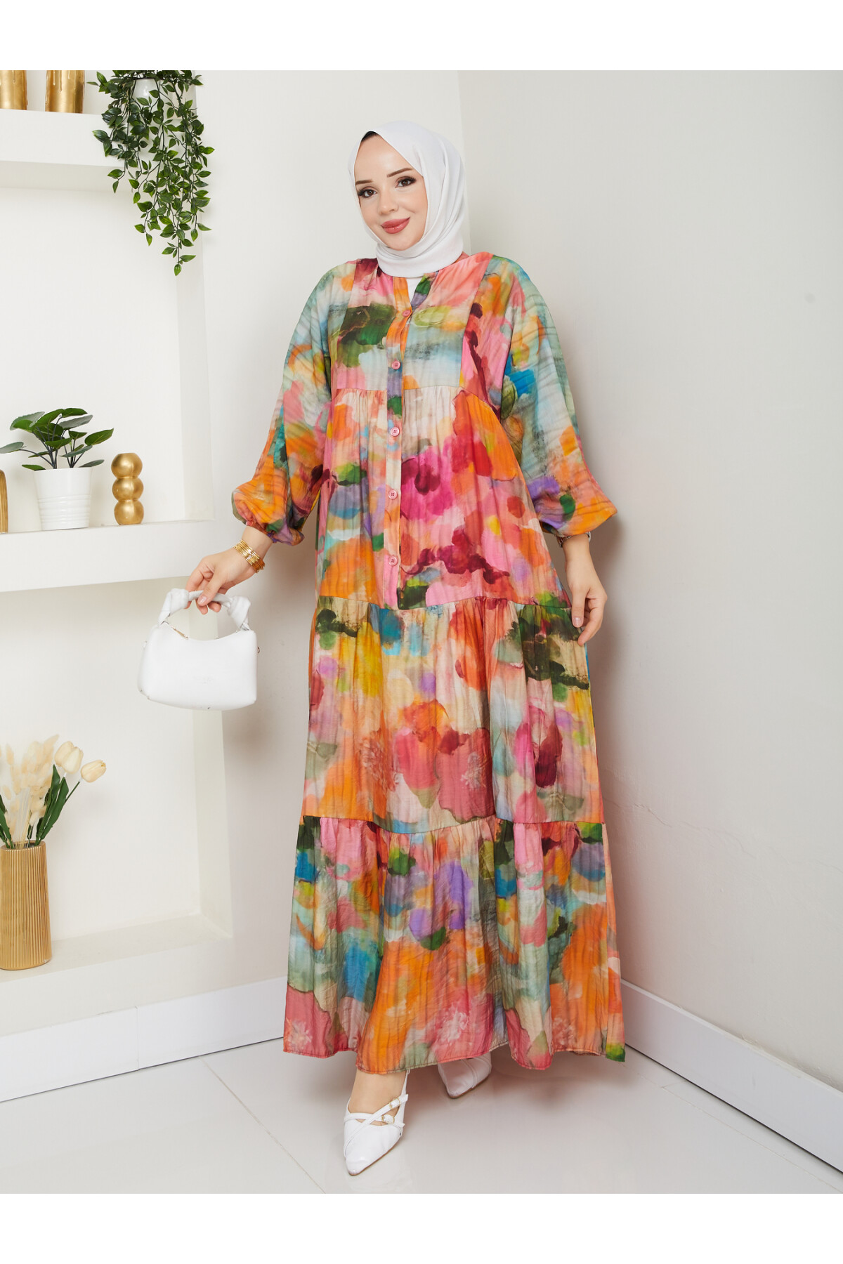 ÇİÇEK DESENLİ ELBİSE-KARIŞIK RENK