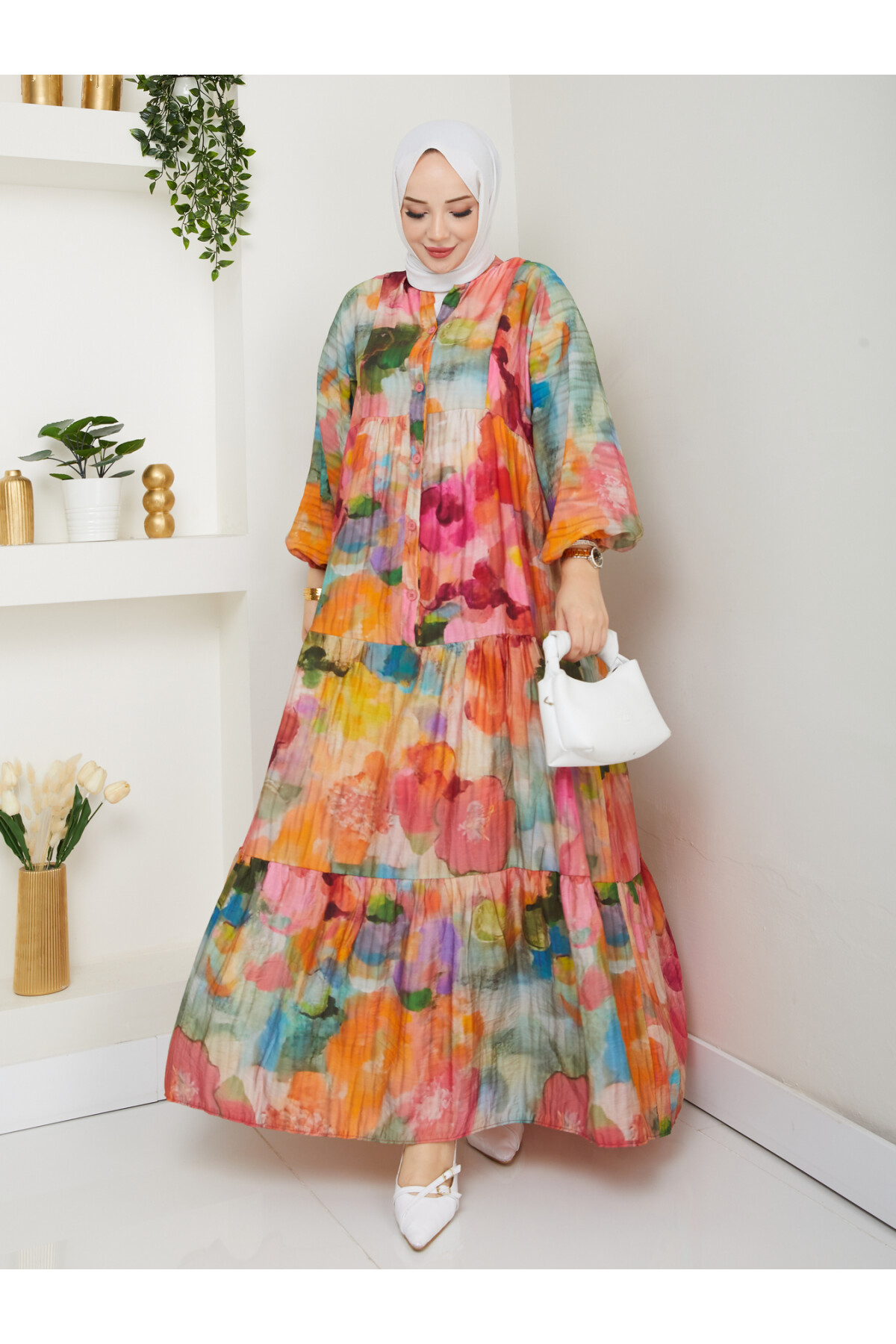 ÇİÇEK DESENLİ ELBİSE-KARIŞIK RENK