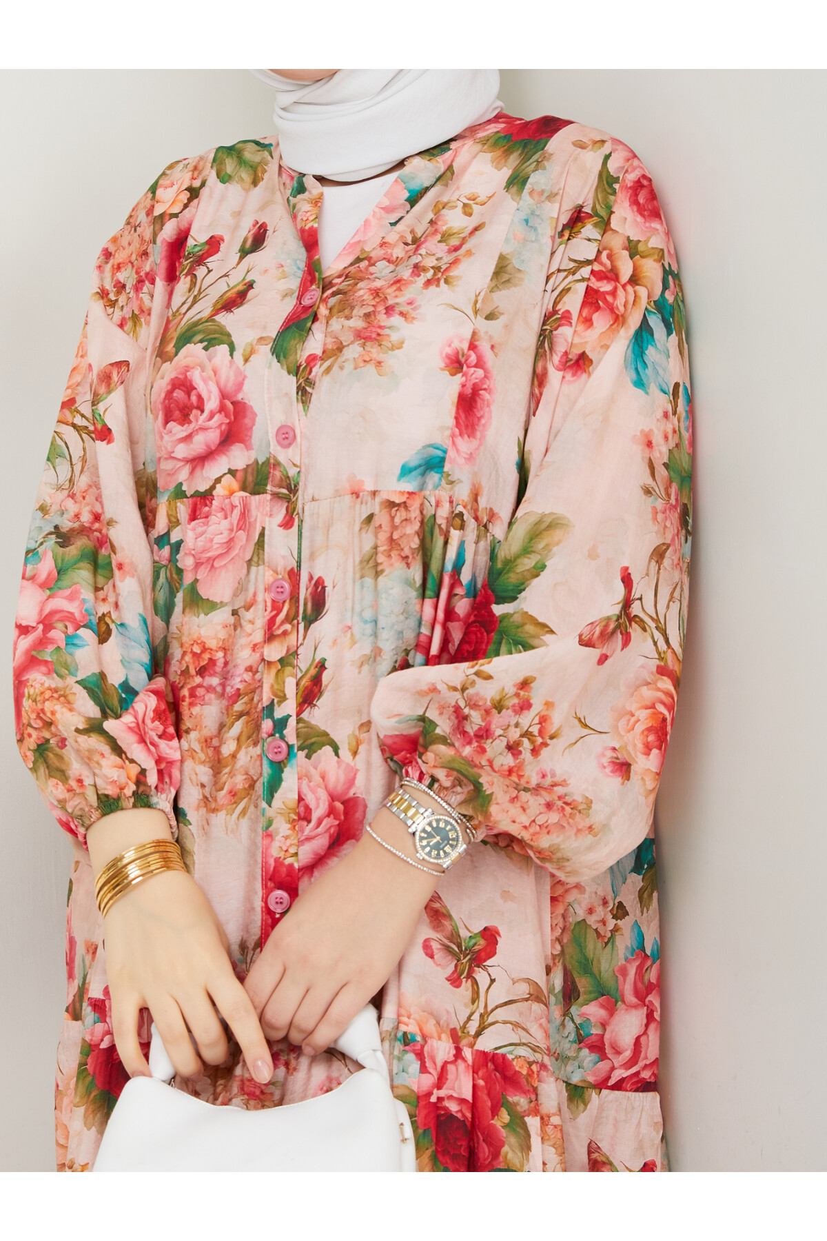 ÇİÇEK DESENLİ ELBİSE-KREM