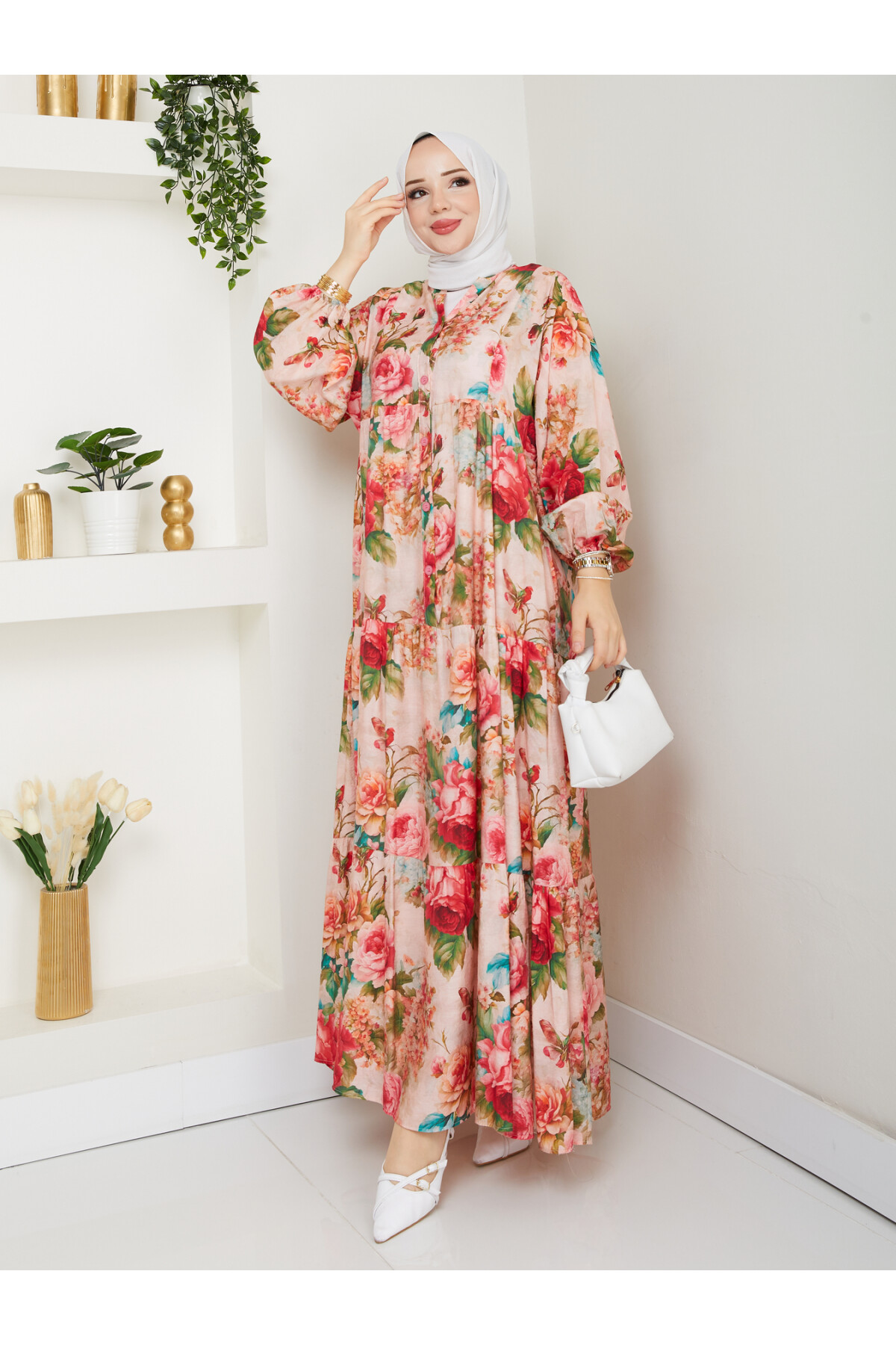 ÇİÇEK DESENLİ ELBİSE-KREM