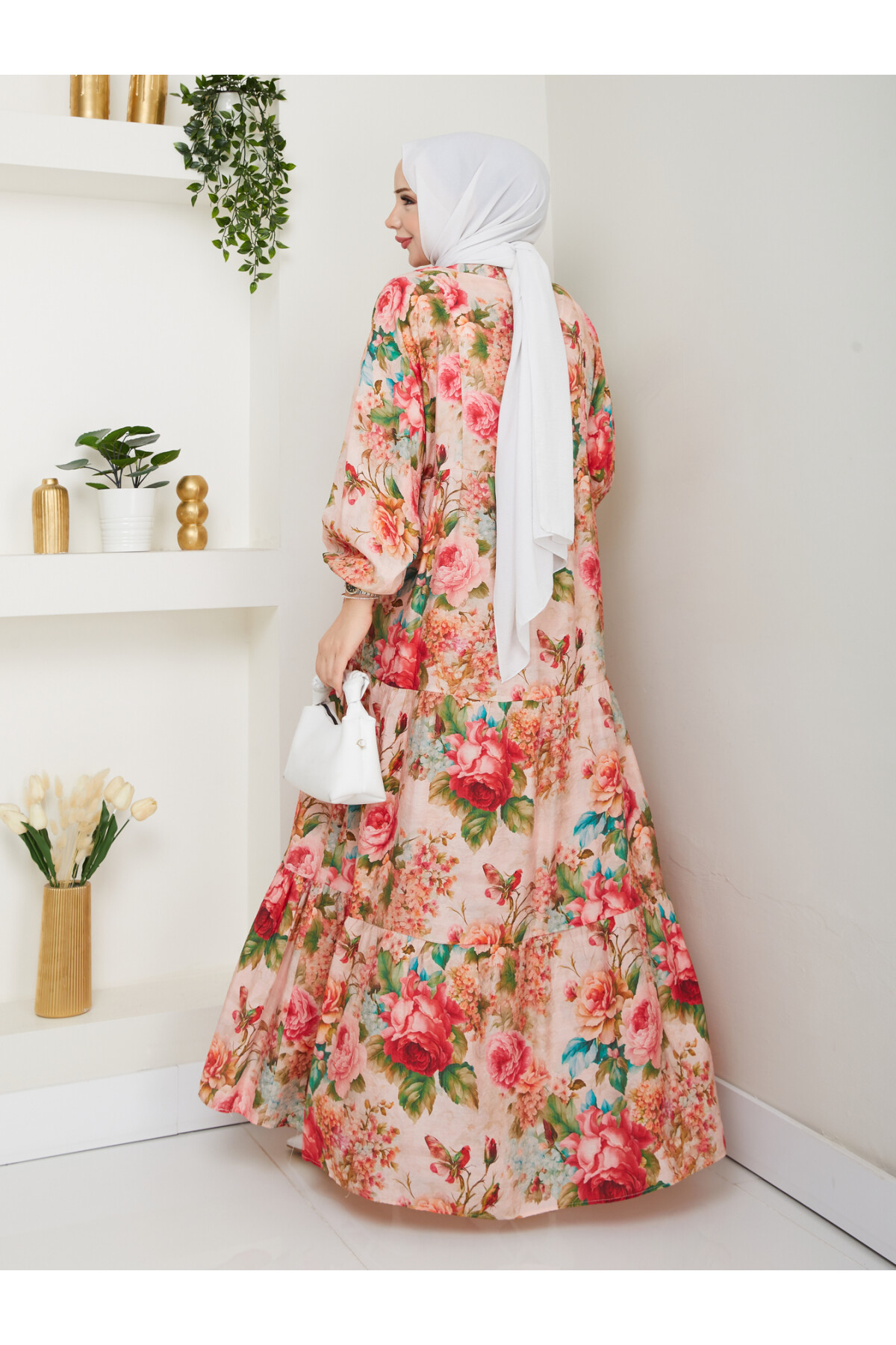 ÇİÇEK DESENLİ ELBİSE-KREM