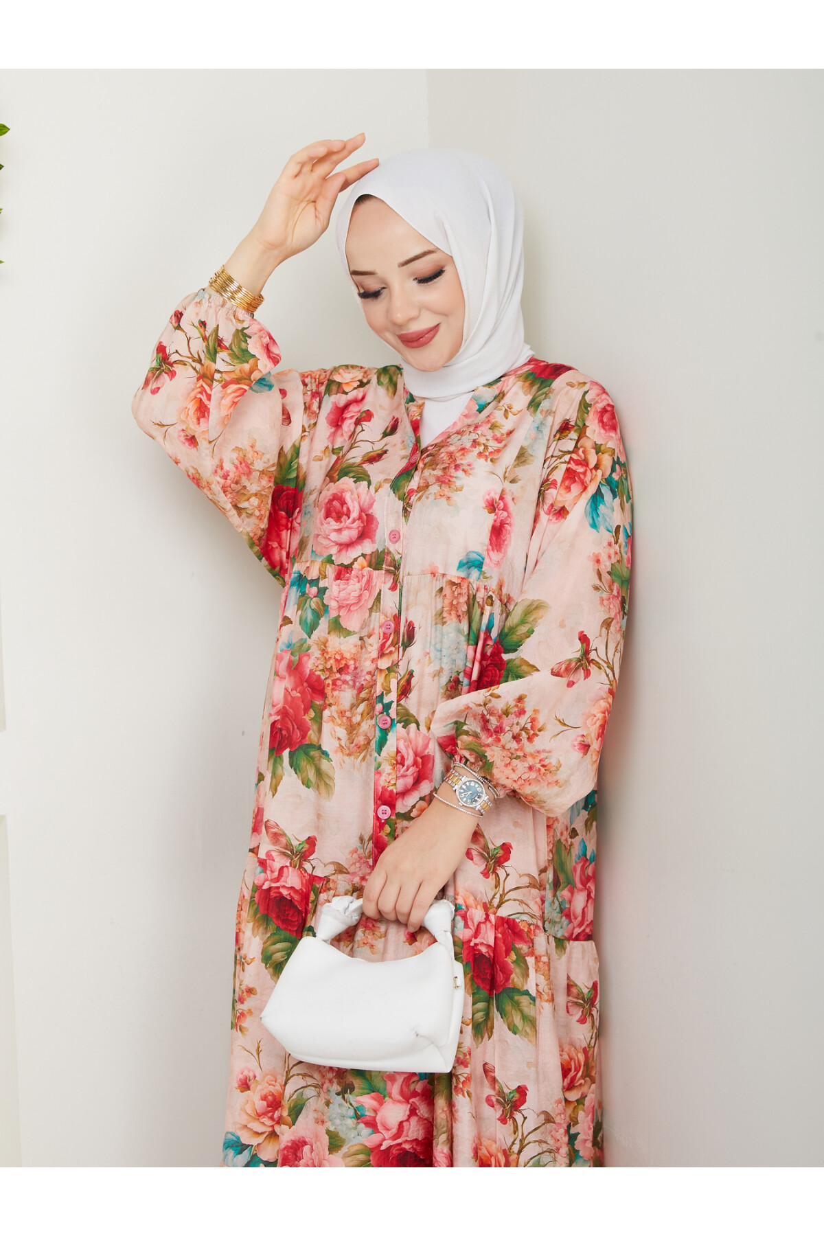 ÇİÇEK DESENLİ ELBİSE-KREM