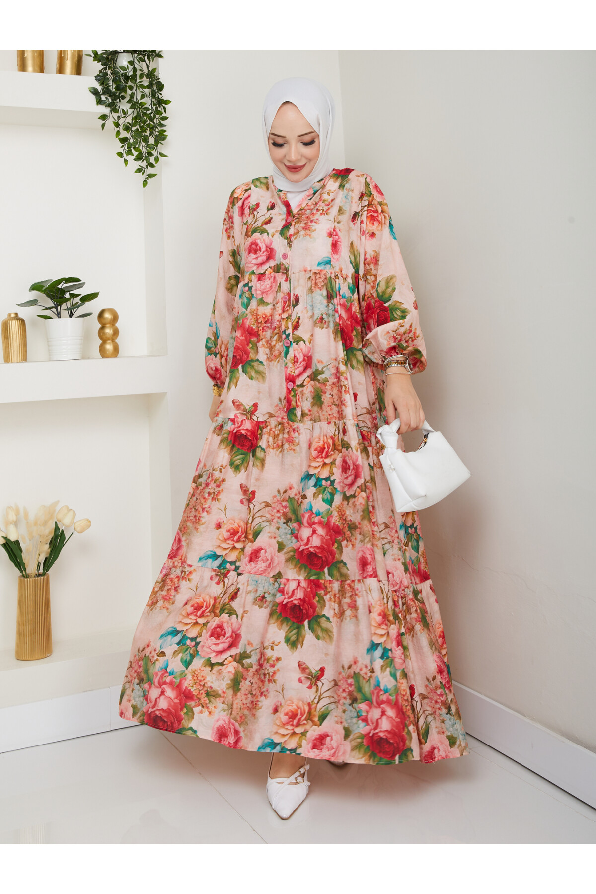 ÇİÇEK DESENLİ ELBİSE-KREM