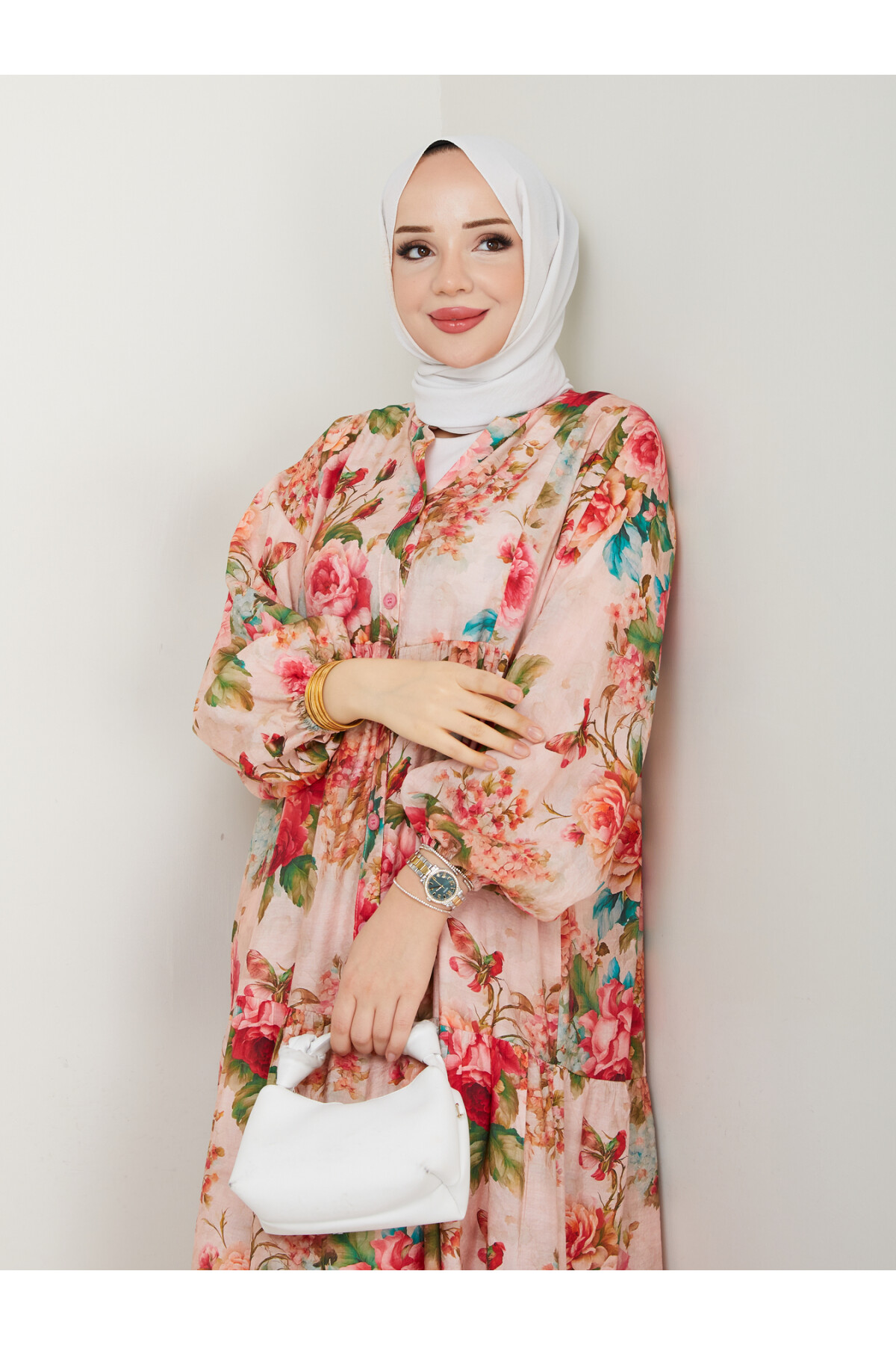 ÇİÇEK DESENLİ ELBİSE-KREM