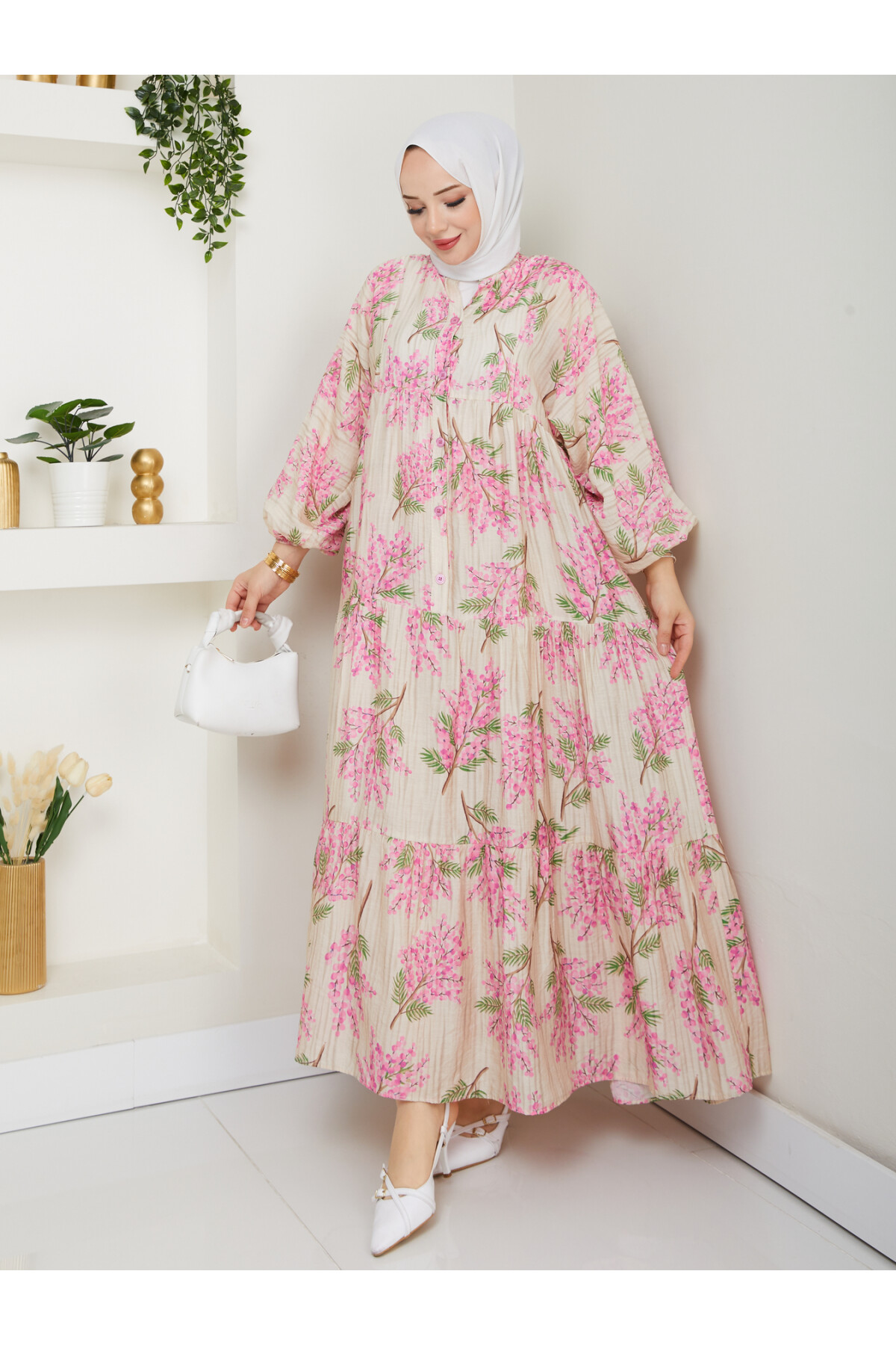 ÇİÇEK DESENLİ ELBİSE-PEMBE