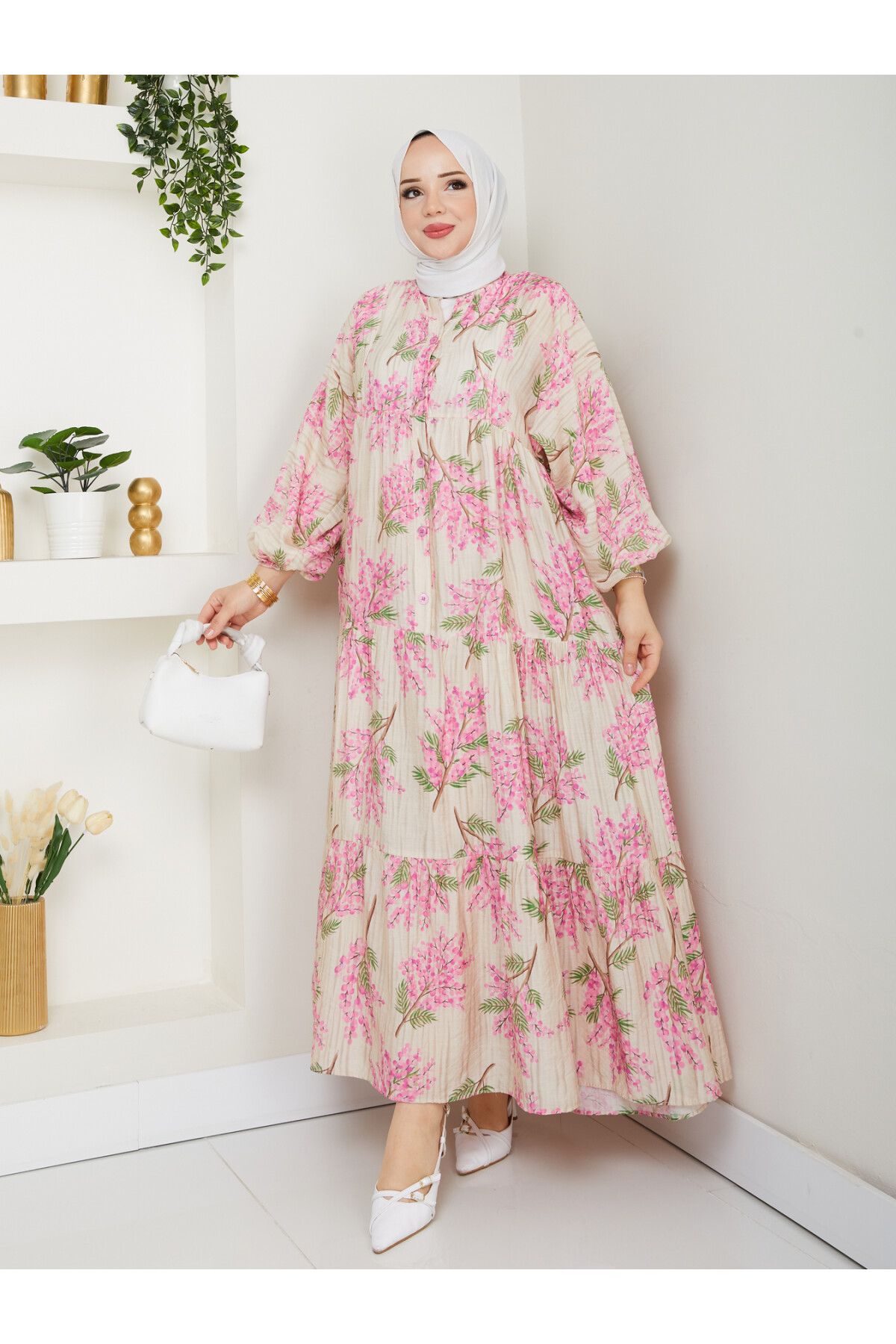 ÇİÇEK DESENLİ ELBİSE-PEMBE