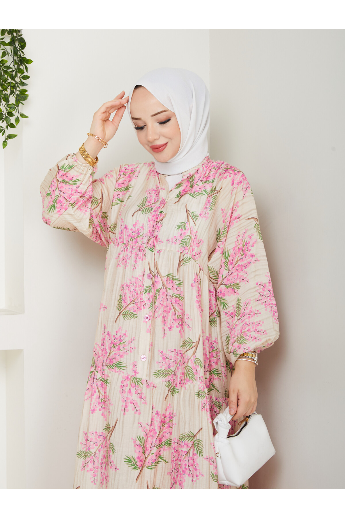 ÇİÇEK DESENLİ ELBİSE-PEMBE