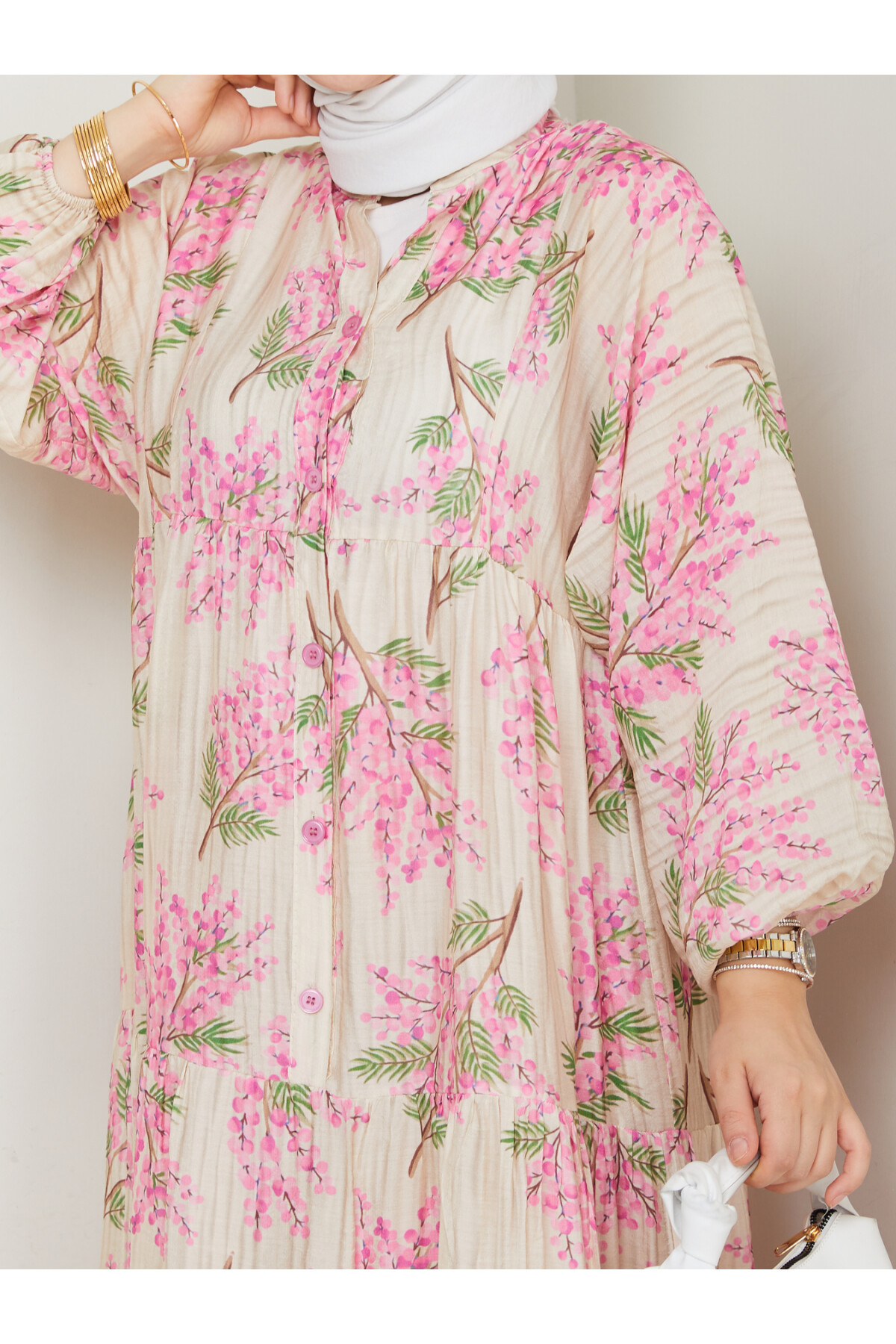 ÇİÇEK DESENLİ ELBİSE-PEMBE