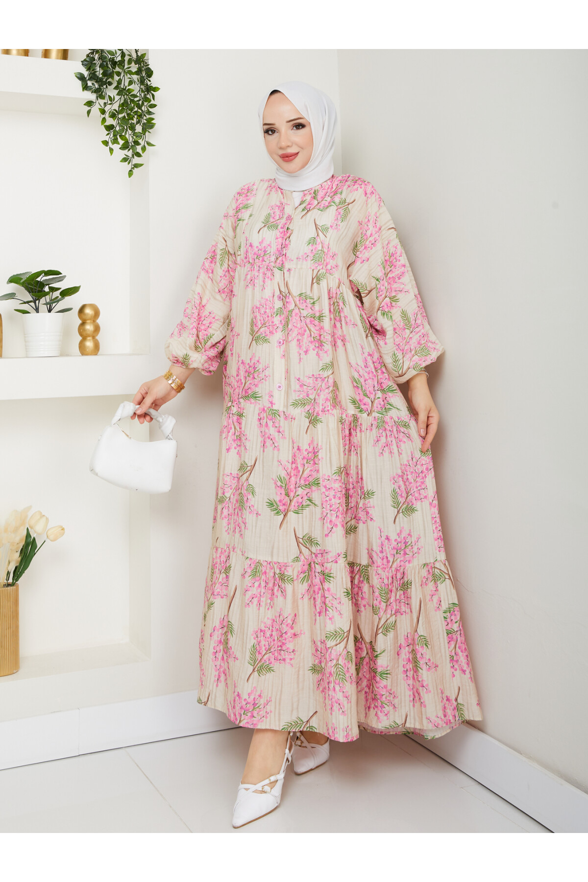 ÇİÇEK DESENLİ ELBİSE-PEMBE