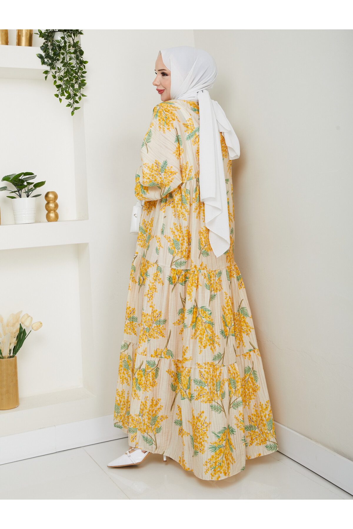 ÇİÇEK DESENLİ ELBİSE-SARI