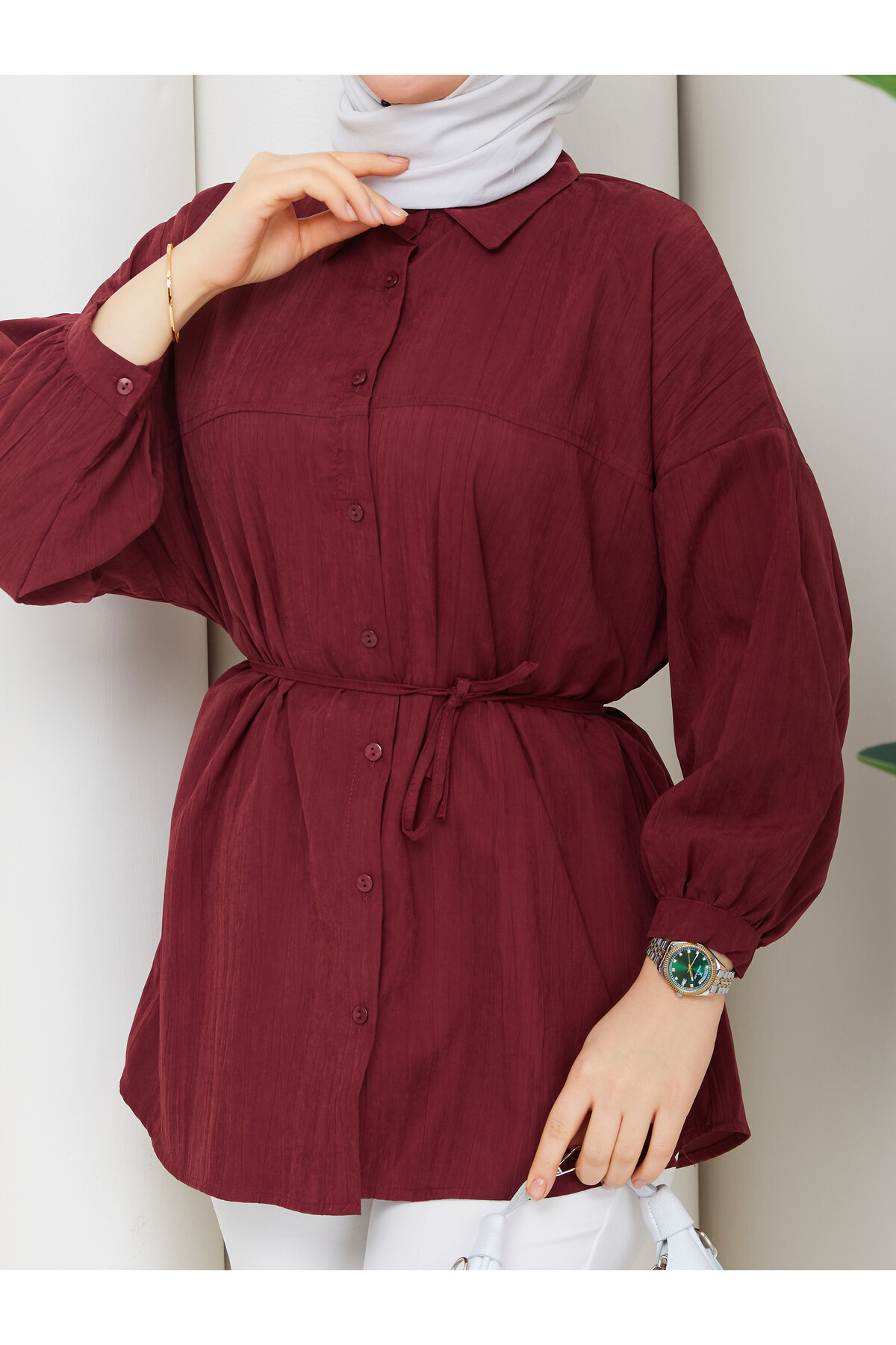ÇİLEK BELDEN İPLİ GÖMLEK - BORDO